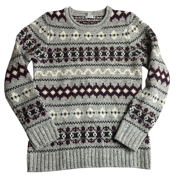 L.L. Bean Women’s Fair Isle Wool Blend Sweater Gray Burgundy Cream XS - Picture 1 of 4